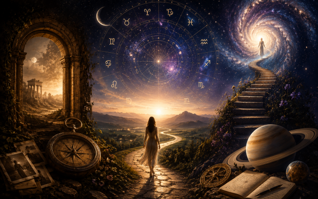 Karma ve evrimsel astroloji; Ay Düğümleri, Satürn, Plüton ve doğum haritası üzerinden ruhun gelişim yolculuğunu anlamaya odaklanır.