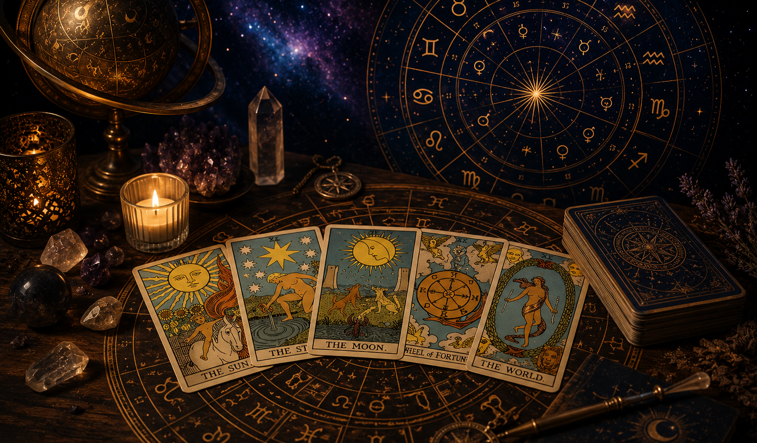 Tarot ve astroloji birlikte yorumlandığında doğum haritası, gezegen döngüleri ve tarot kartları üzerinden daha derin bir farkındalık alanı oluşur.